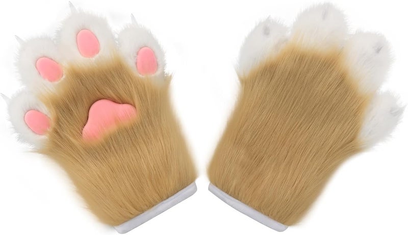 hbbhml Faux Fur Plush Furry Cat Claw Gloves Fursuit Animal Fox Paws Mittens Halloween Cosplay Costume Accessories for Adult - Image 1